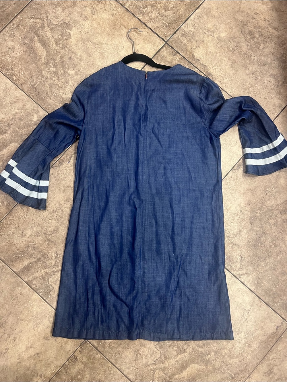 Navy Midi Shift Dress with Contrast Striped Bell Sleeves - Picture 3 of 3